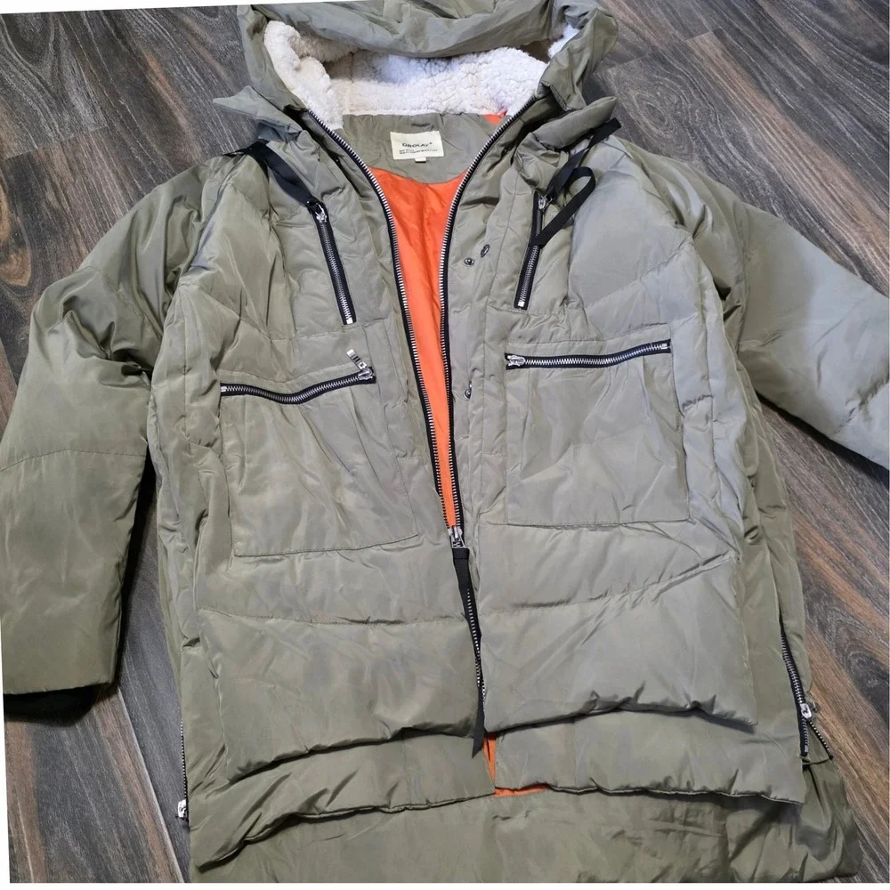 Orolay Thickened Down Jacket Olive Green Orange Lining Sherpa Hood Mens Large